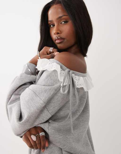 ASOS DESIGN fallen shoulder top with tie detail in gray, 4 of 4