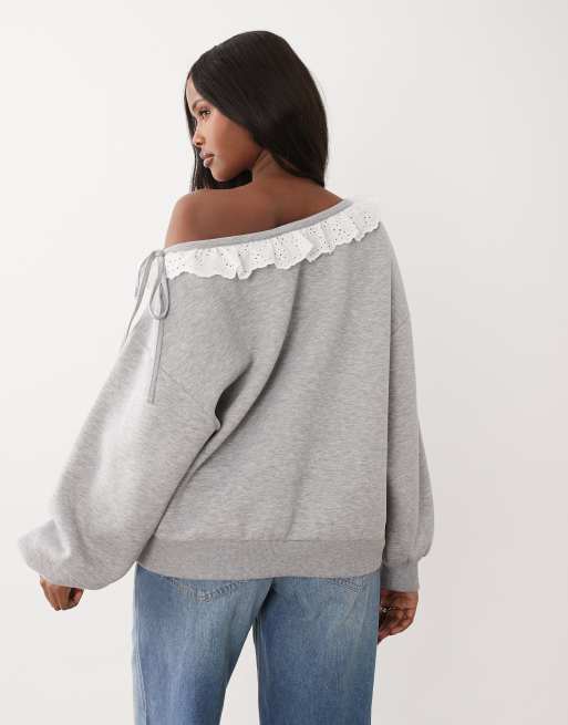 ASOS DESIGN fallen shoulder top with tie detail in grey, 3 of 4