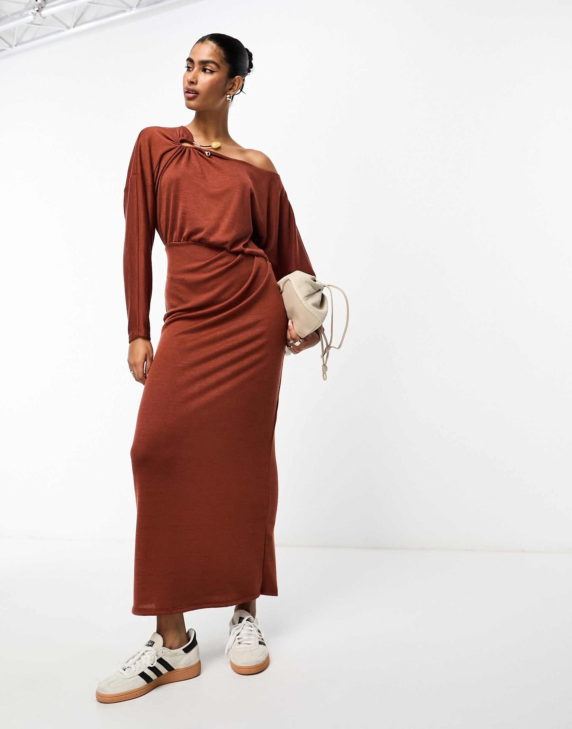 asos design fallen shoulder trim dress in rust