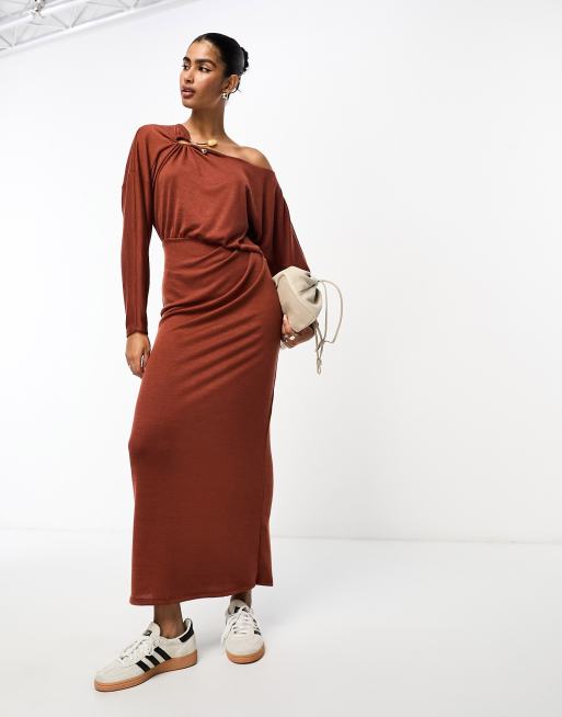 ASOS DESIGN fallen shoulder trim dress in rust