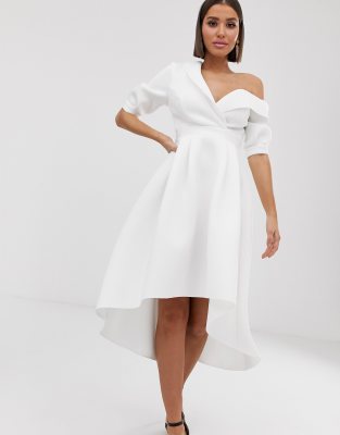 asos design fallen shoulder tux prom midi dress