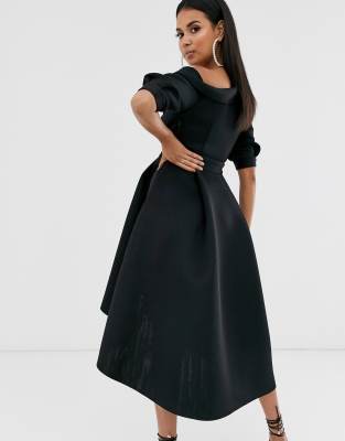 asos design fallen shoulder tux prom midi dress