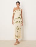 [ASOS DESIGN] ASOS DESIGN fallen shoulder twist cowl neck seam detail midi dress in cream and green blur print-Multi 10 CREAM & GREEN PRINT
