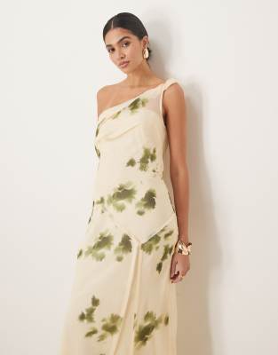 ASOS DESIGN fallen shoulder twist cowl neck  seam detail midi dress in cream and green blur print