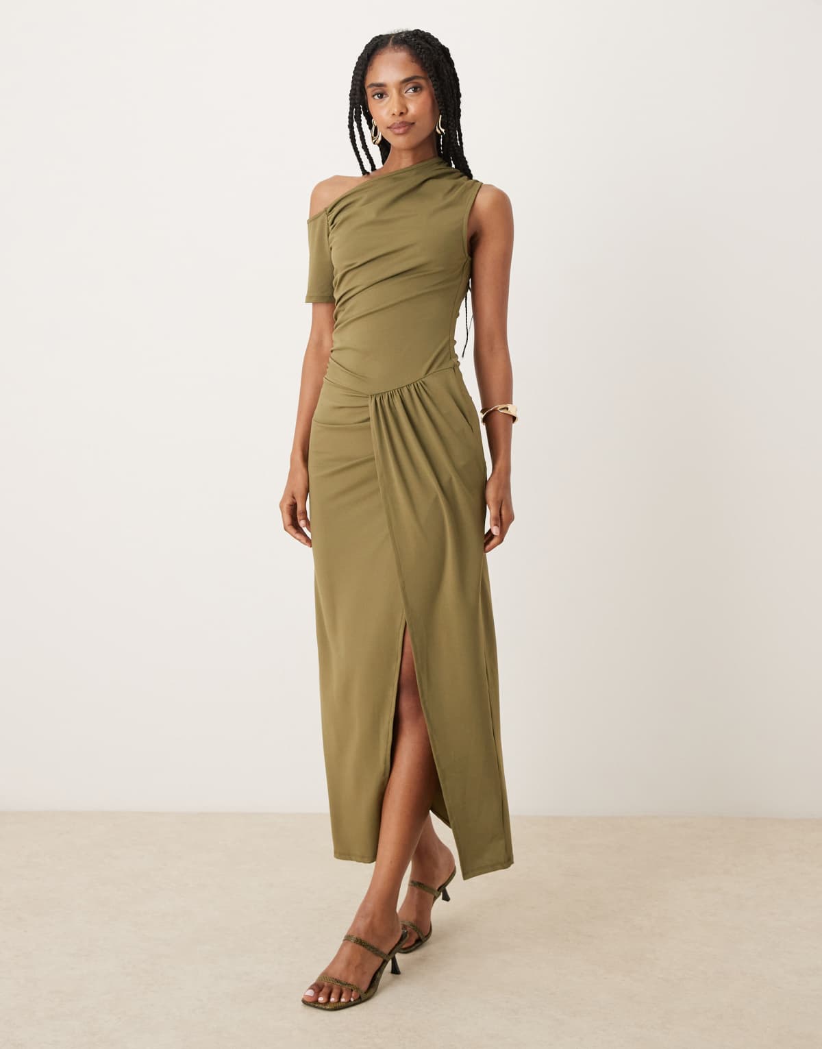 ASOS DESIGN fallen shoulder twist detail midi dress in olive