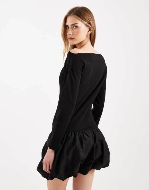 ASOS DESIGN fallen shoulder with bubble skirt mini dress in black, 2 of 4