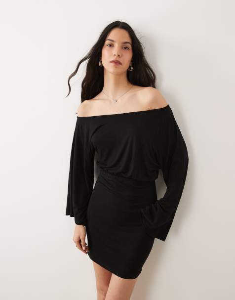 ASOS DESIGN fallen shoulder with cinched waist mini dress in black - view 1