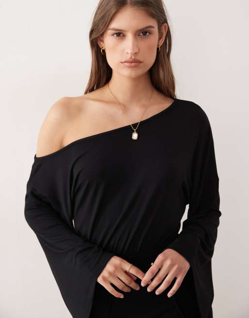 ASOS DESIGN fallen shoulder with cinched waist mini dress in black, 3 of 4