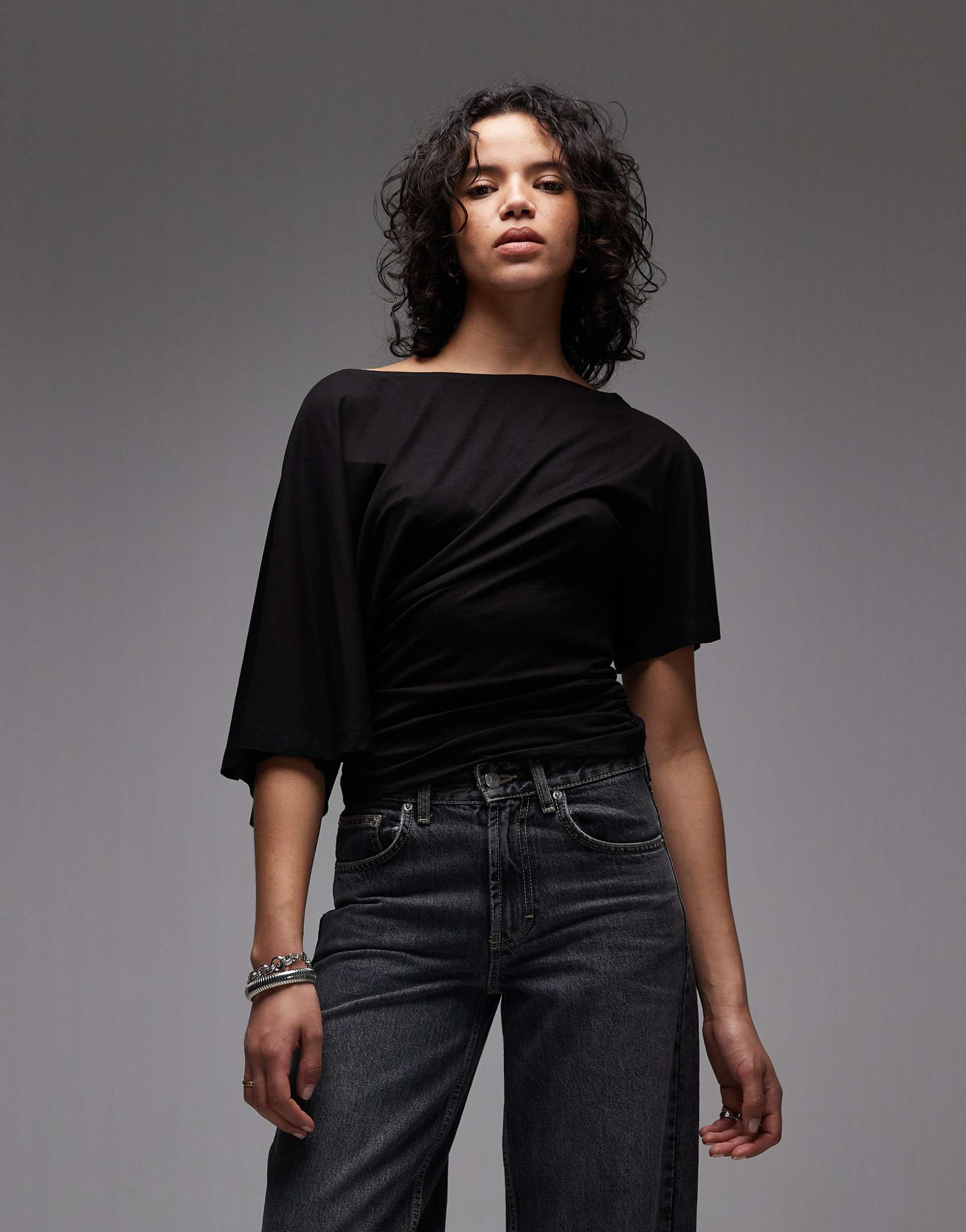 asos design fallen shoulder with cinched waist top in black