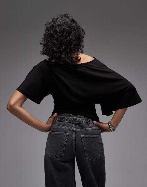 ASOS DESIGN fallen shoulder with cinched waist top in black, 2 of 4