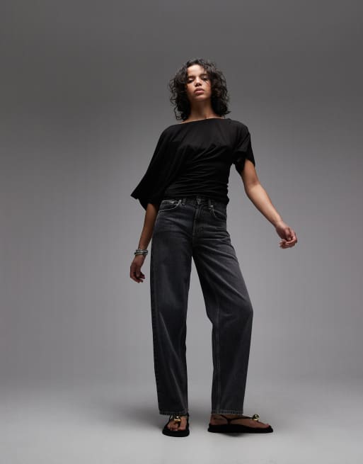 ASOS DESIGN fallen shoulder with cinched waist top in black, 3 of 4