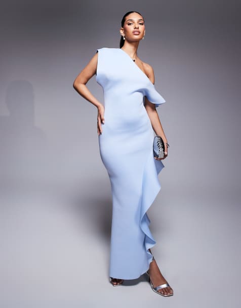 ASOS DESIGN fallen shoulder with frill split detail maxi dress in light blue - view 1