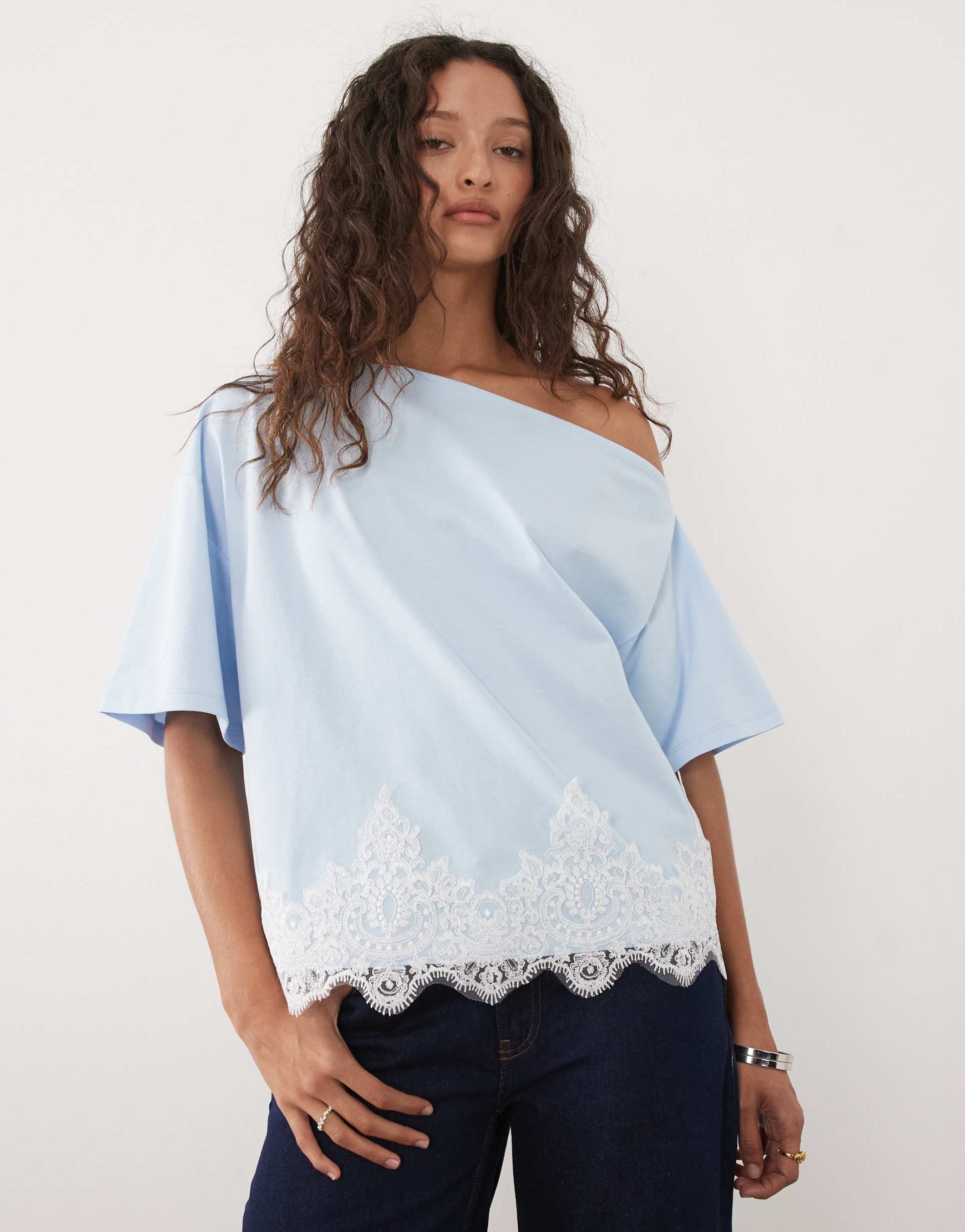 asos design fallen shoulder with lace trim top in pastel blue