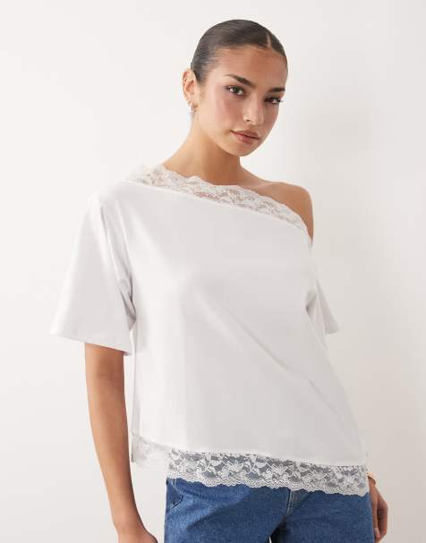 ASOS DESIGN fallen shoulder with lace trim top in white - view 1