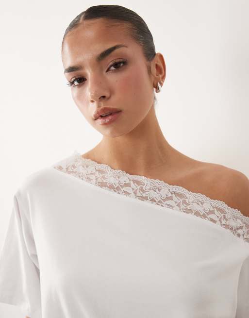 ASOS DESIGN fallen shoulder with lace trim top in white, 2 of 4