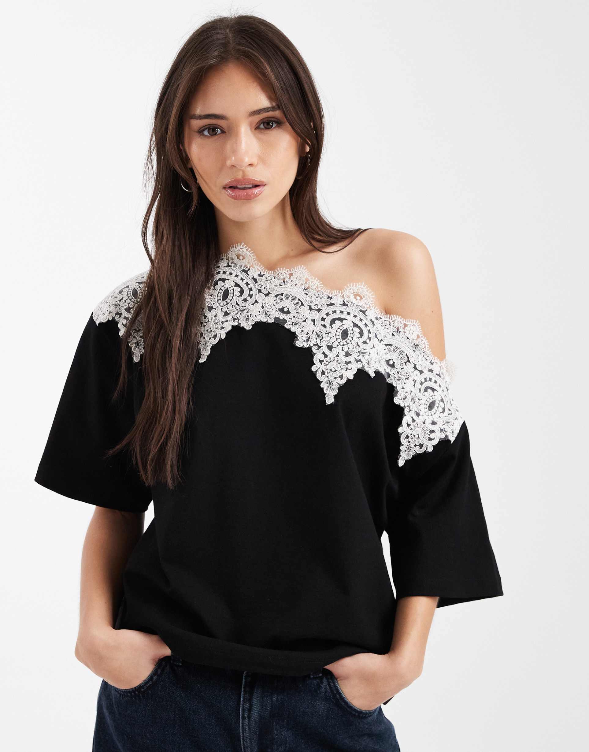 asos design fallen shoulder with lace trim top