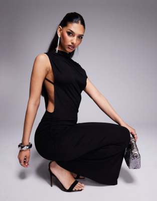 Asos Design Fallen Shoulder With Ruching Maxi Dress In Black