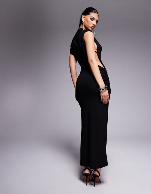 ASOS DESIGN fallen shoulder with ruching maxi dress in black, 3 of 4