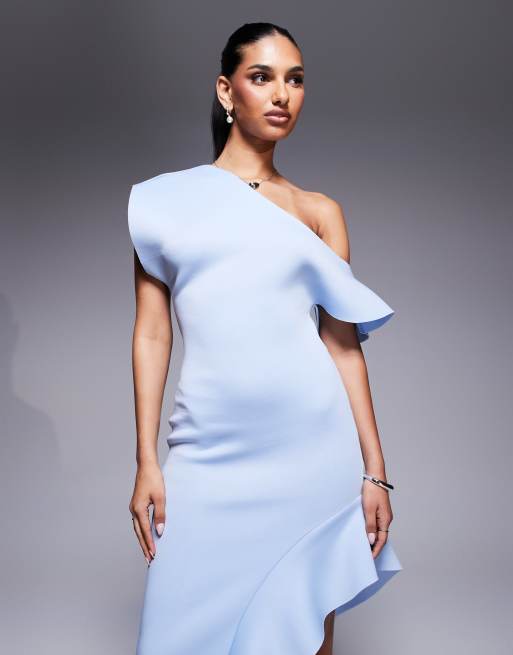 ASOS DESIGN fallen shoulder with ruffle slit detail maxi dress in light blue
