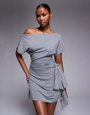 Asos Design Fallen Shoulder With Tie Detail Mini Dress In Gray