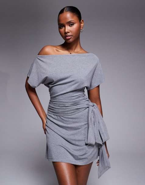 ASOS DESIGN fallen shoulder with tie detail mini dress in grey - view 1