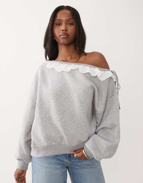 ASOS DESIGN fallen shoulder with tie detail top in grey