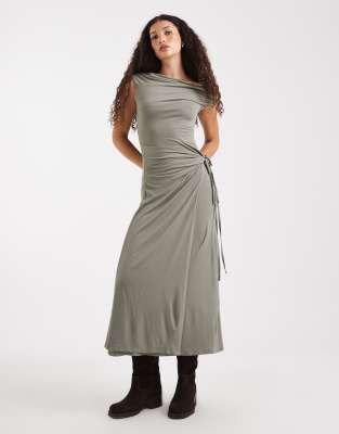 Asos Design Fallen Shoulder Wrap Waist Midi Dress In Green