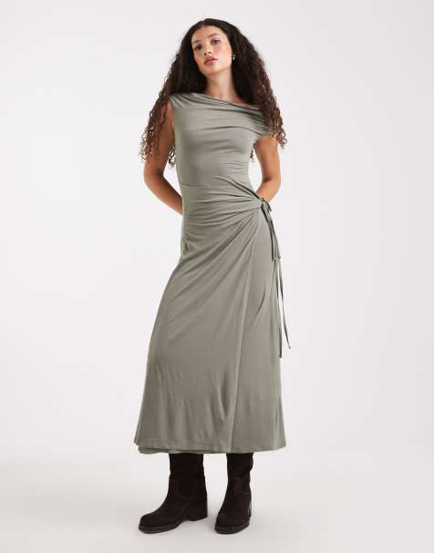 ASOS DESIGN fallen shoulder wrap waist midi dress in khaki - view 1