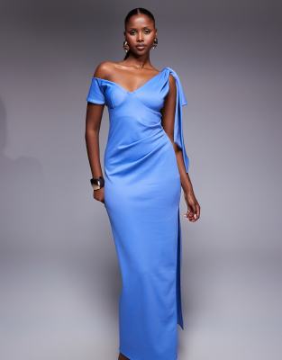 Asos Design Fallen Shoulders Midi Dress With Drape Detail In Blue