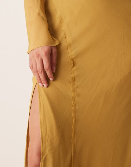 ASOS DESIGN fallen shoulders midi dress with seaming details and tie belt in mustard gold