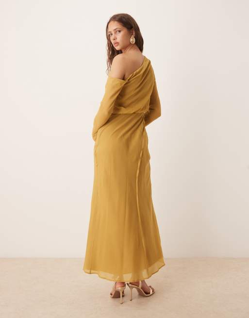 ASOS DESIGN fallen shoulders midi dress with seaming details and tie belt in mustard gold