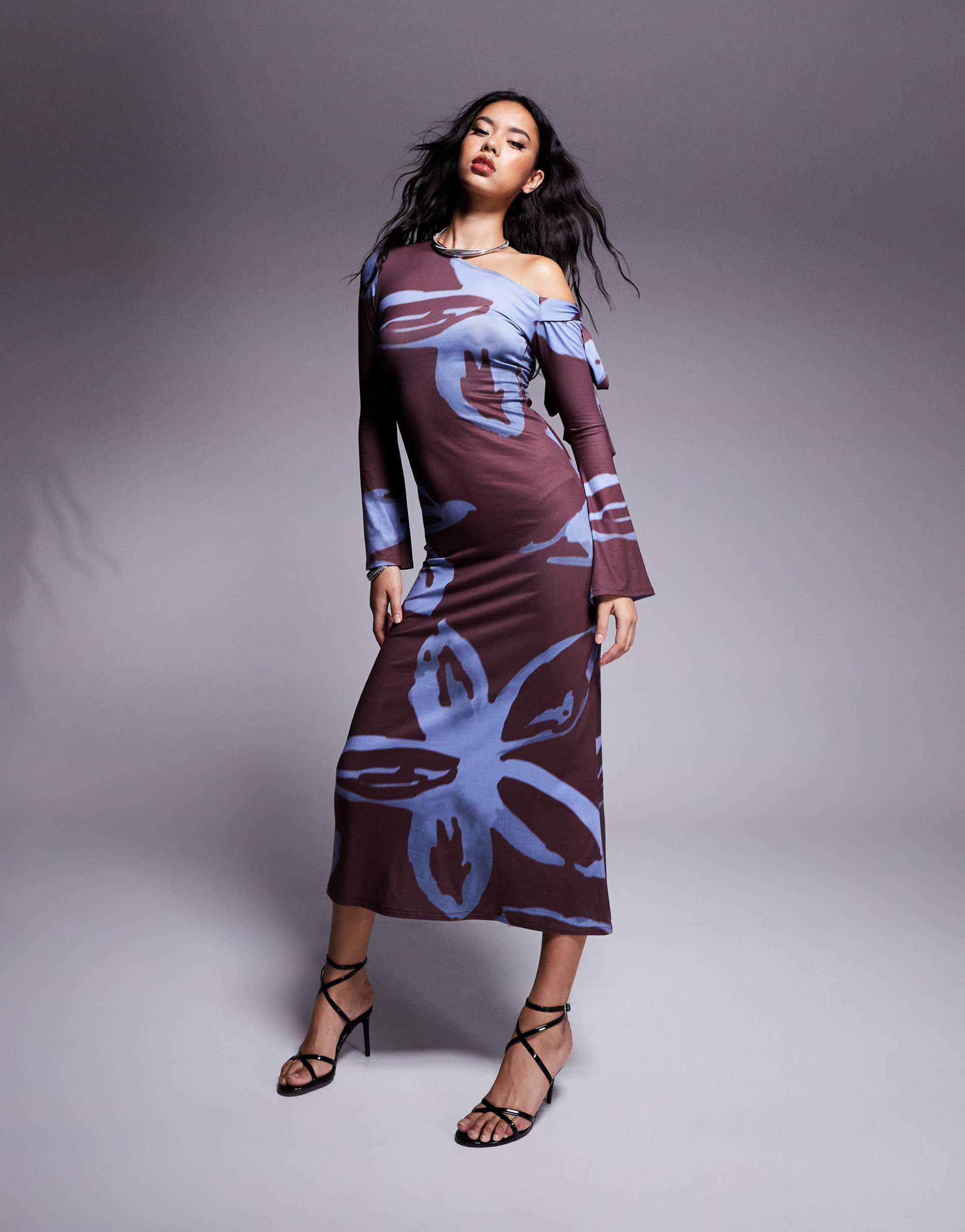 asos design fallen tie shoulder midaxi dress in floral smudge print