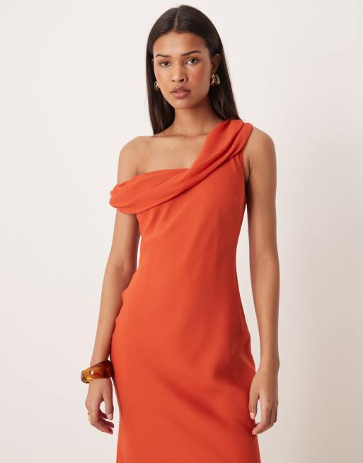 ASOS DESIGN fallen twist shoulder chiffon maxi dress in bright rust, 3 of 4