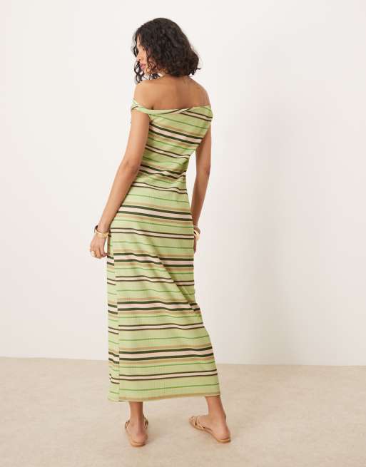 ASOS DESIGN fallen twist shoulder midi dress in green stripe