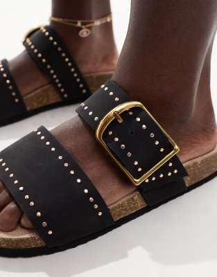 Asos Design Wide Fit Fallon Studded Footbed Mules In Black