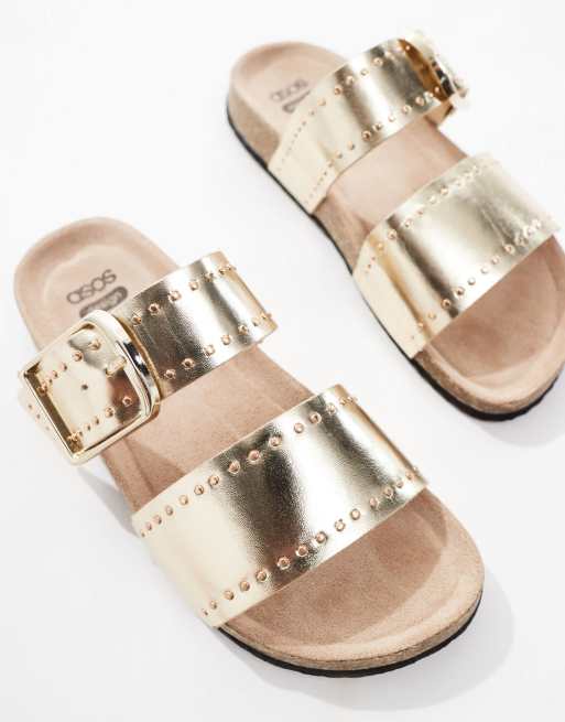 ASOS DESIGN Fallon studded footbed sandals in gold, 2 of 4