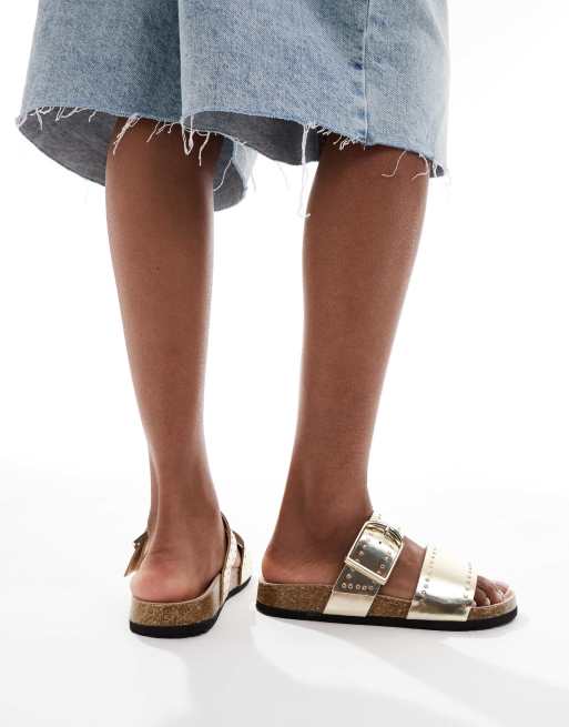 ASOS DESIGN Fallon studded footbed sandals in gold, 3 of 4