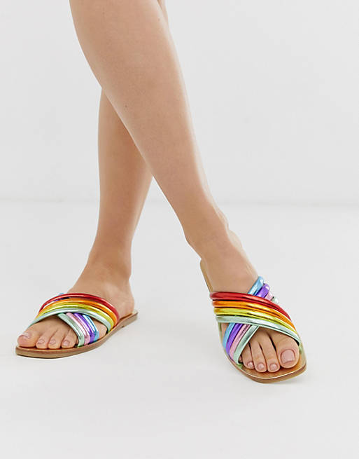 ASOS DESIGN Falsetto cross strap flat sandals in rainbow | ASOS