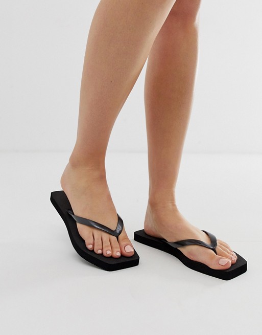 ASOS DESIGN Fan square toe flip flops in black | ASOS