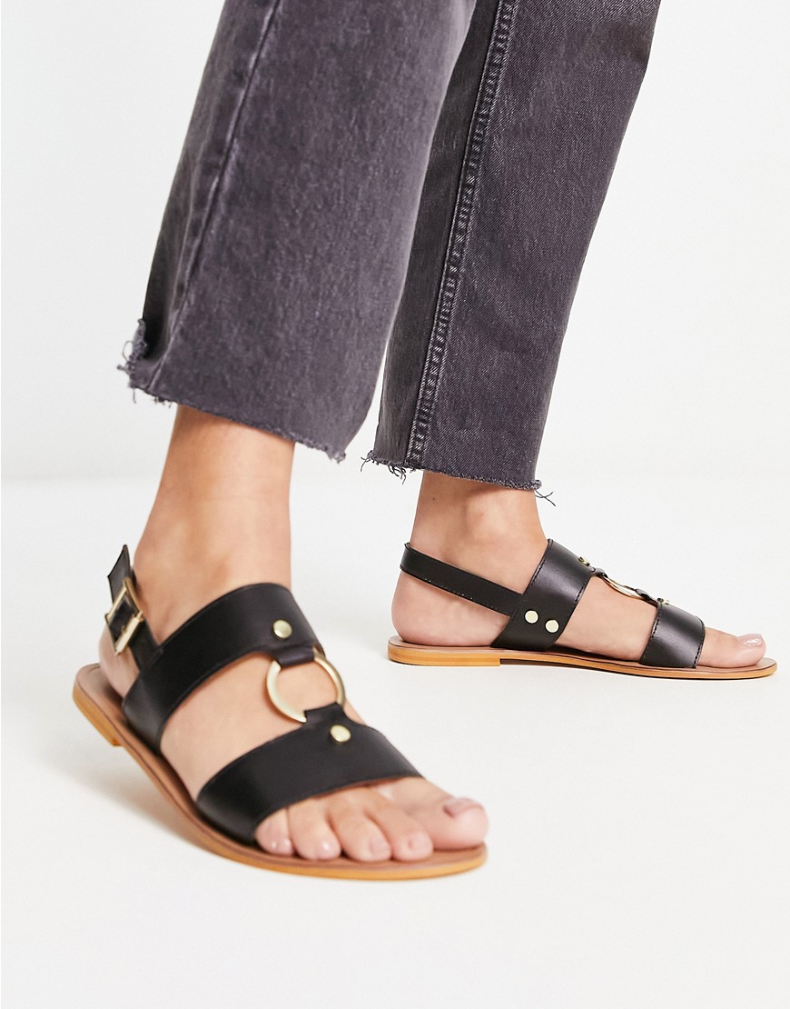 Asos Design Wide Fit Fancy Leather Ring And Stud Detail Flat Sandal In Black