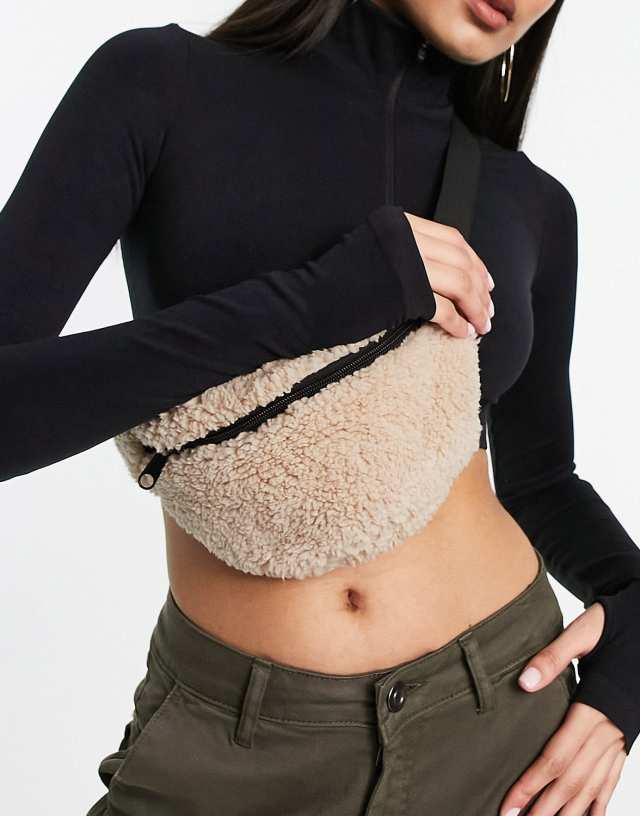 ASOS DESIGN fanny pack in borg in neutral