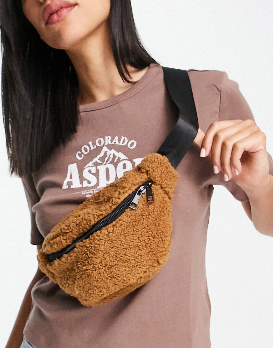 ASOS DESIGN fanny pack in brown recycled borg-Neutral