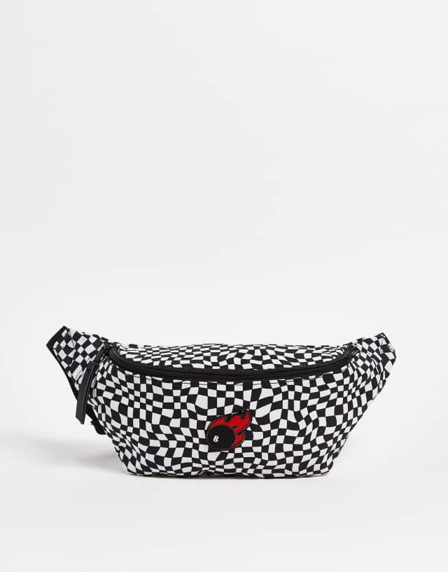 ASOS DESIGN fanny pack in checkerboard design with 8 ball embroidery