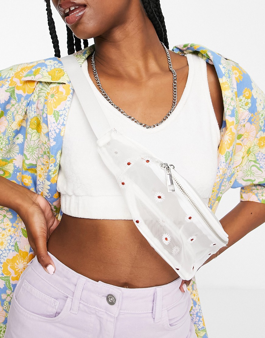 ASOS DESIGN fanny pack in organza with daisy embroidery-White