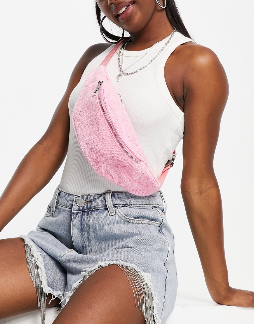 ASOS DESIGN fanny pack in pink towelling