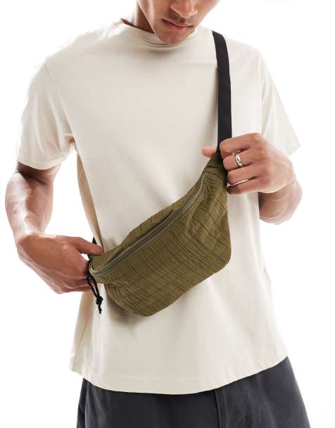 ASOS DESIGN fanny pack with shirring detail in khaki green nylon - view 1