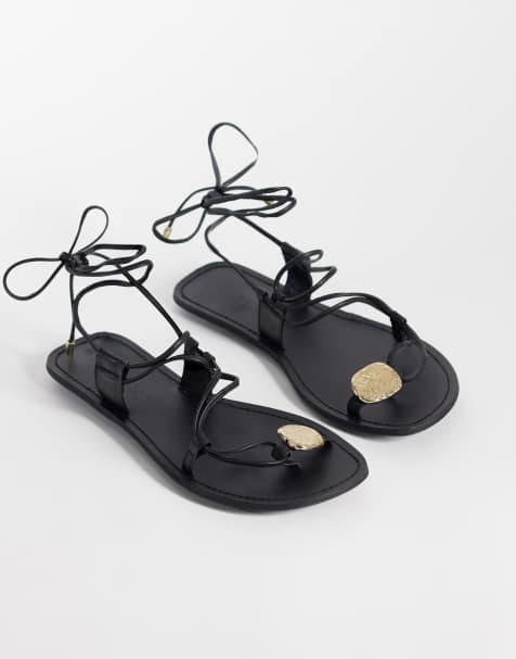 ASOS DESIGN – Fantasy – Czarne skórzane sandały premium z wąskimi paskami i ozdobnymi elementami - view 1