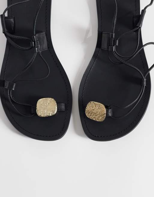 ASOS DESIGN Fantasy premium skinny strap sandals with nuggets in black leather, 2 of 4