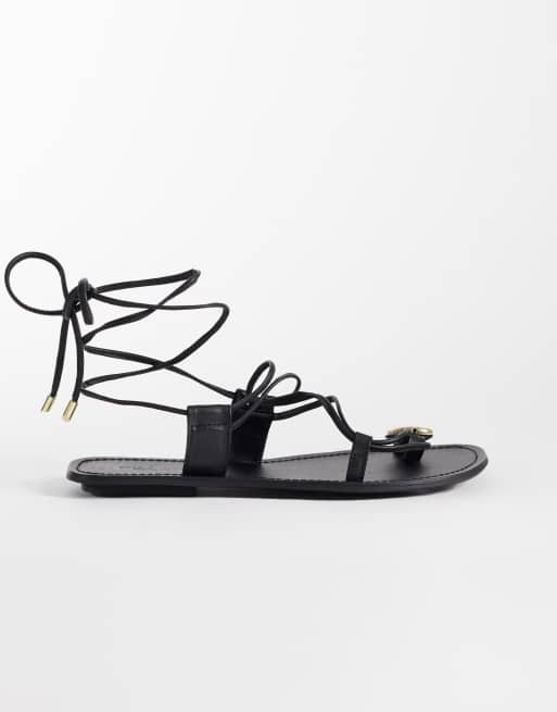 ASOS DESIGN Fantasy premium skinny strap sandals with nuggets in black leather, 3 of 4