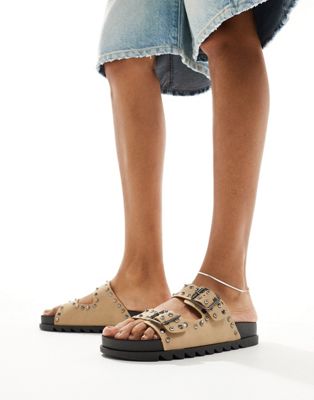 Asos Design Fantasy Studded Flat Sandal In Taupe-neutral